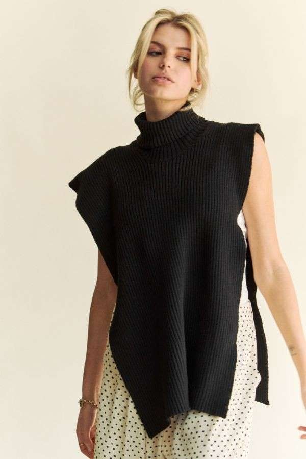 Davi & Dani Side Split Turtleneck Sleeveless Knit Sweater Sweaters