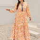 Plus size boho floral print maxi dress in orange white with long sleeves