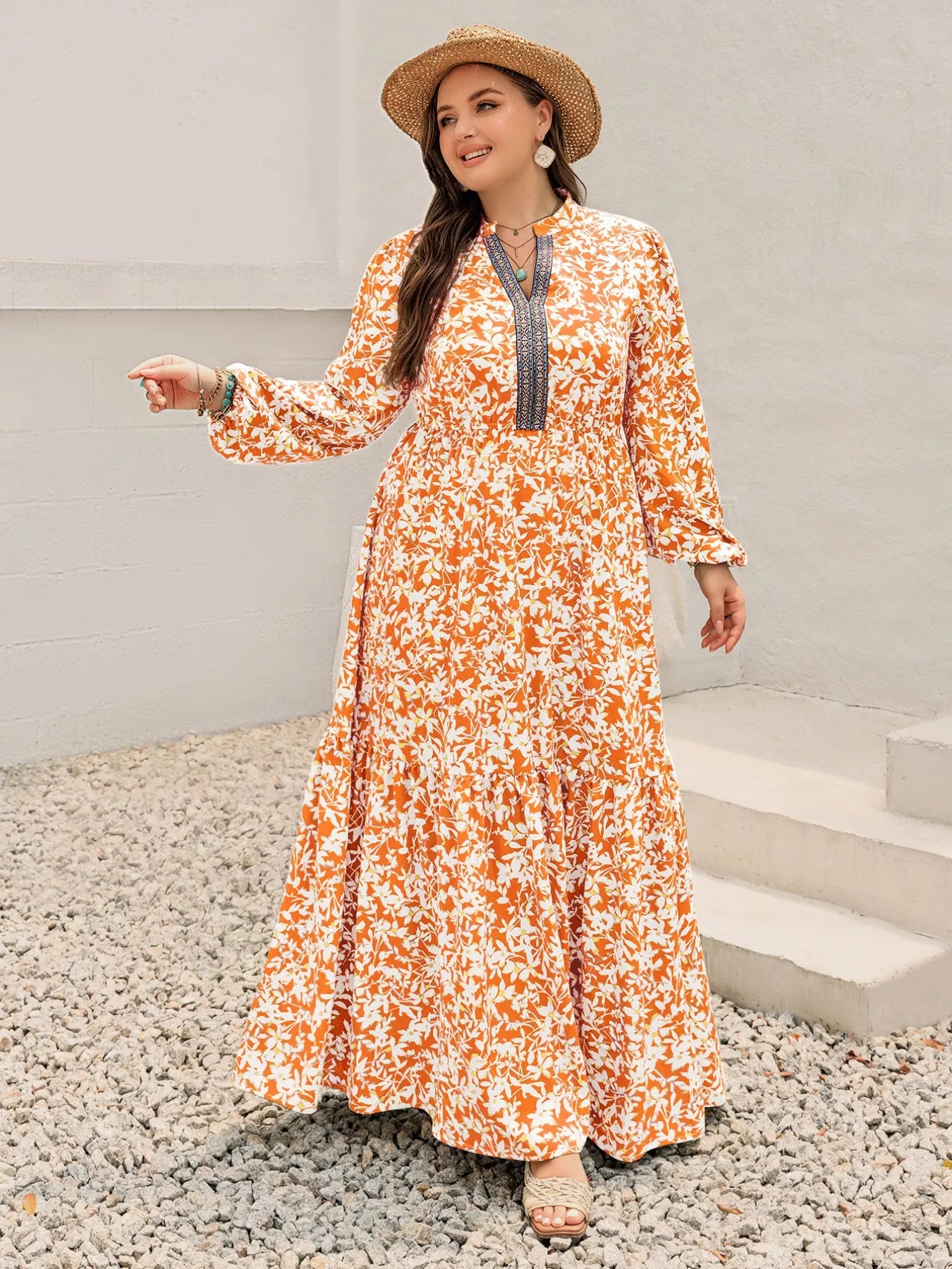 Plus size boho floral print maxi dress in orange white with long sleeves