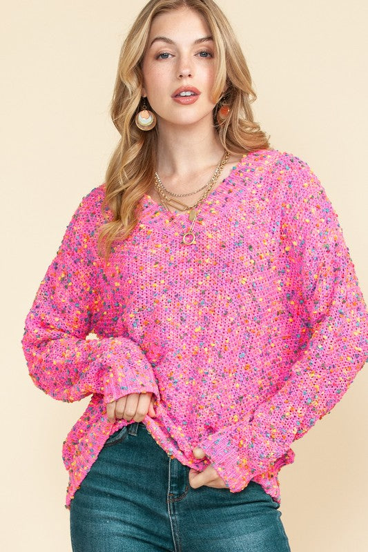 Mixed Color Chunky Knit Sweater pink SW2723780-P106 Tops