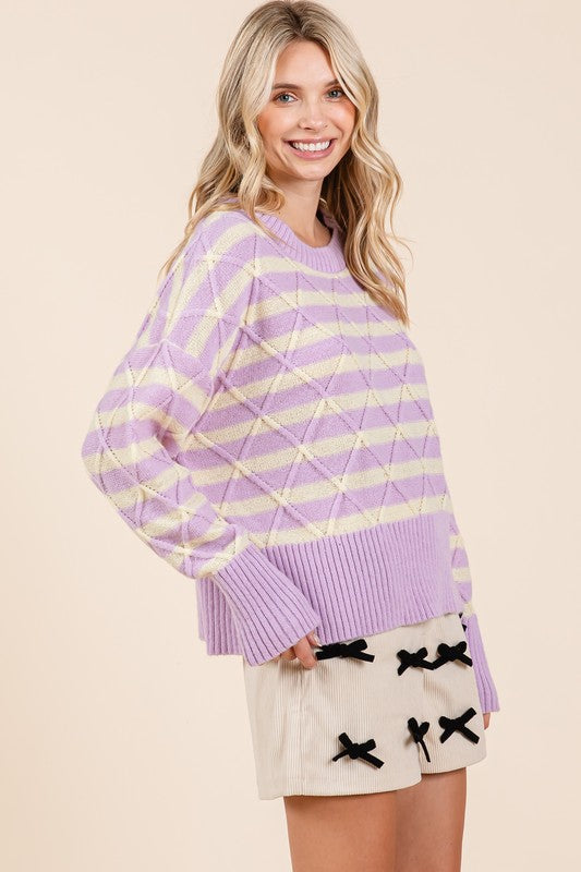 Loose Fit Striped Argyle Knit Sweater Tops