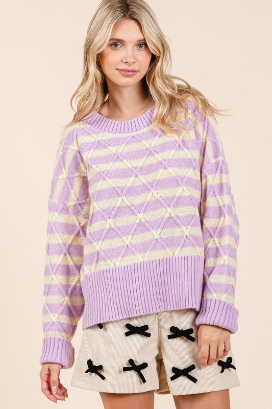 Loose Fit Striped Argyle Knit Sweater Tops