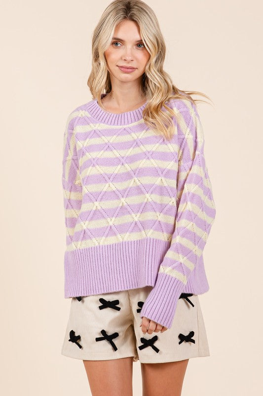 Loose Fit Striped Argyle Knit Sweater Tops