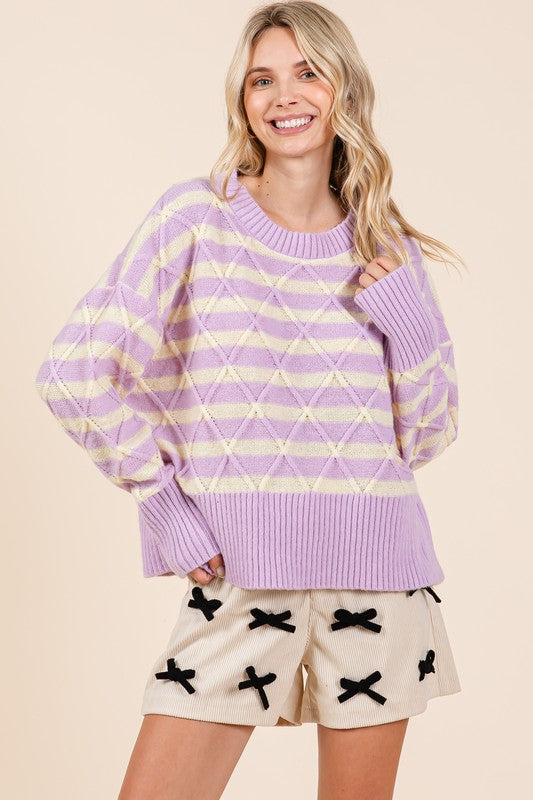 Plus Size Loose Fit Striped Argyle Knit Sweater Tops