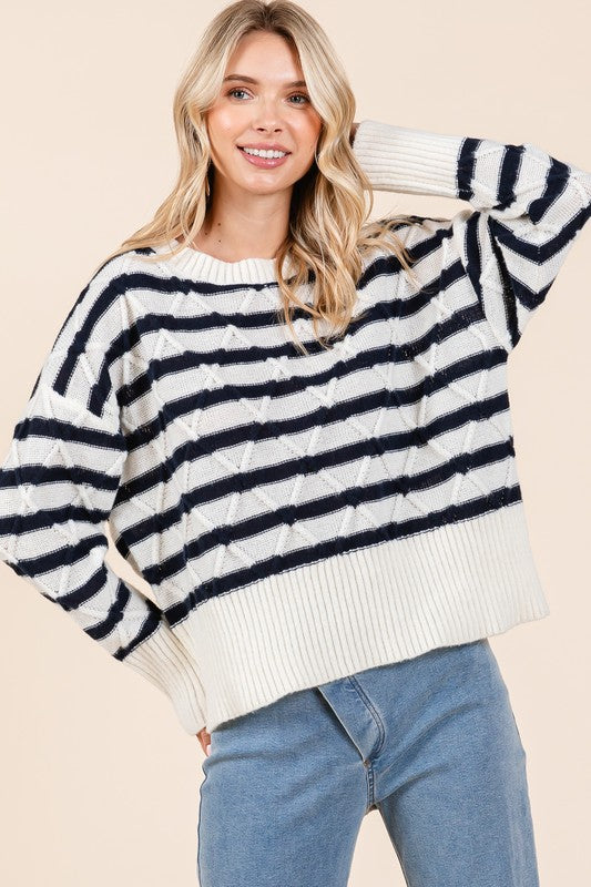 Plus Size Loose Fit Striped Argyle Knit Sweater Tops