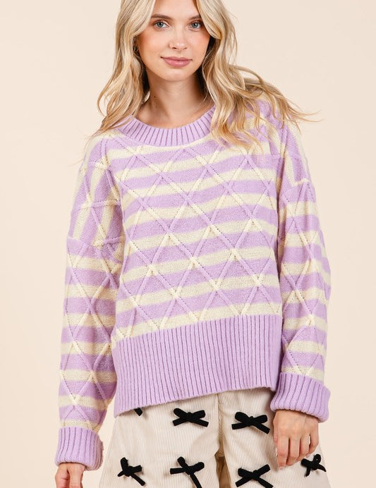 Plus Size Loose Fit Striped Argyle Knit Sweater Lavender Tops