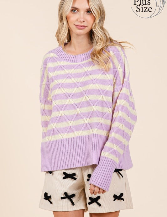 Plus Size Loose Fit Striped Argyle Knit Sweater Tops