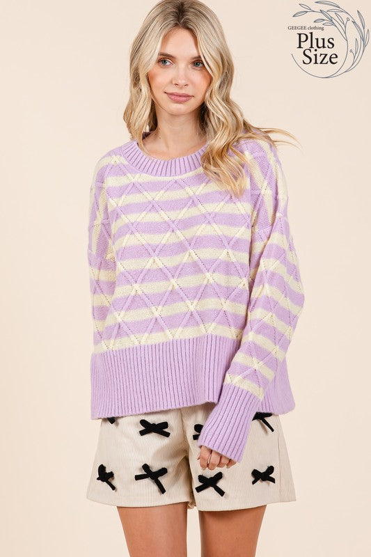 Plus Size Loose Fit Striped Argyle Knit Sweater Tops