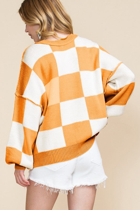 Checkered Exposed Seam Bishop Sleeve Sweater Tops