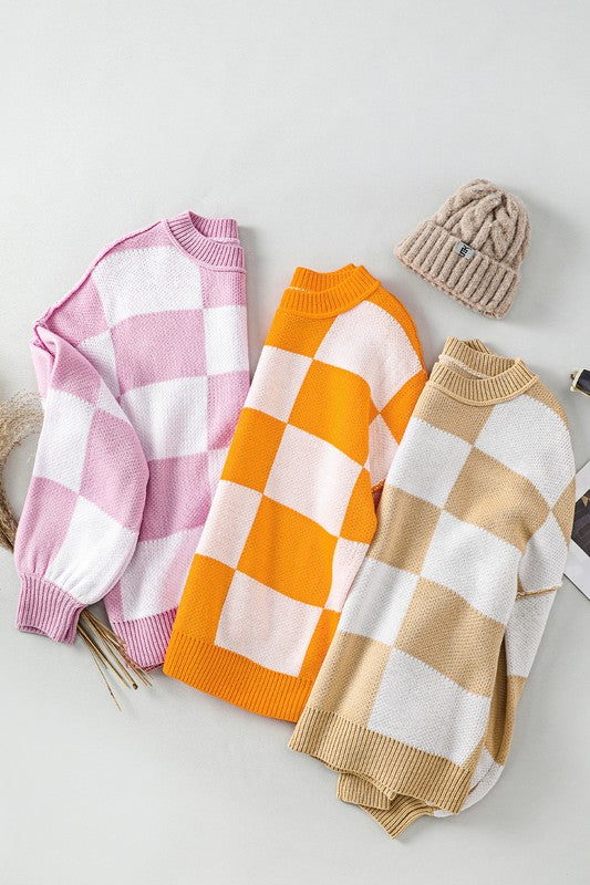 Checkered Exposed Seam Bishop Sleeve Sweater Pink Tops