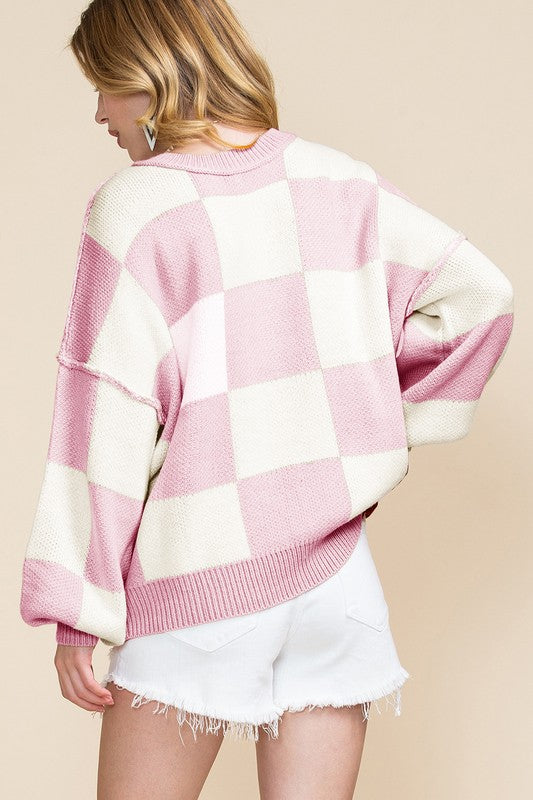 Checkered Exposed Seam Bishop Sleeve Sweater Tops