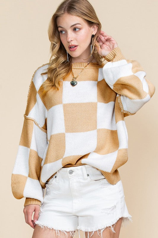 Checkered Exposed Seam Bishop Sleeve Sweater Tops