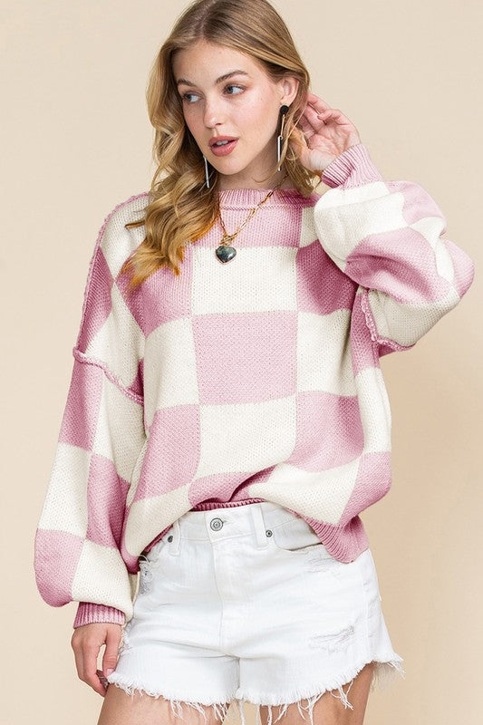 Checkered Exposed Seam Bishop Sleeve Sweater Tops