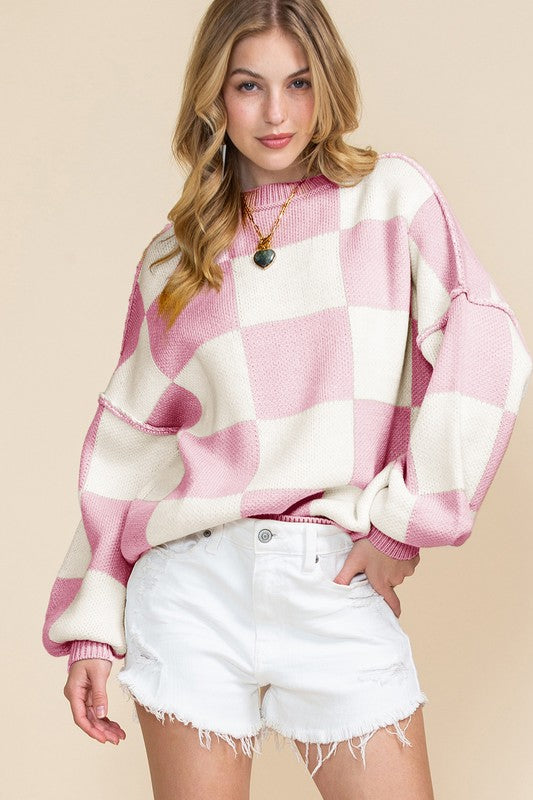 Checkered Exposed Seam Bishop Sleeve Sweater Tops