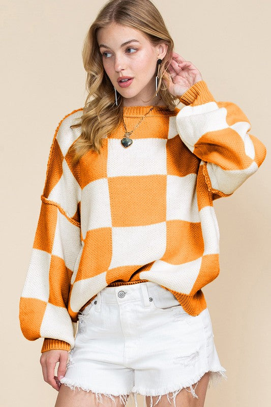 Checkered Exposed Seam Bishop Sleeve Sweater Tops