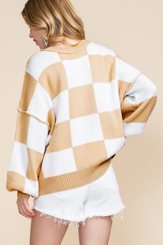 Checkered Exposed Seam Bishop Sleeve Sweater Tops