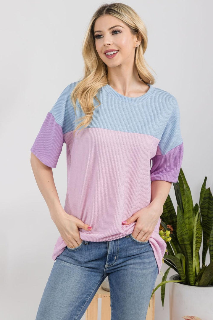 Celeste Full Size Ribbed Color Block T-Shirt Shirts & Tops