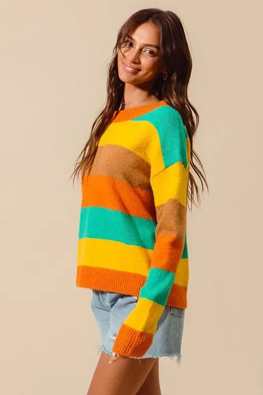 SO ME Multi Color Stripe Sweater with Ribbed Detail - DAVERRI FASHIONS