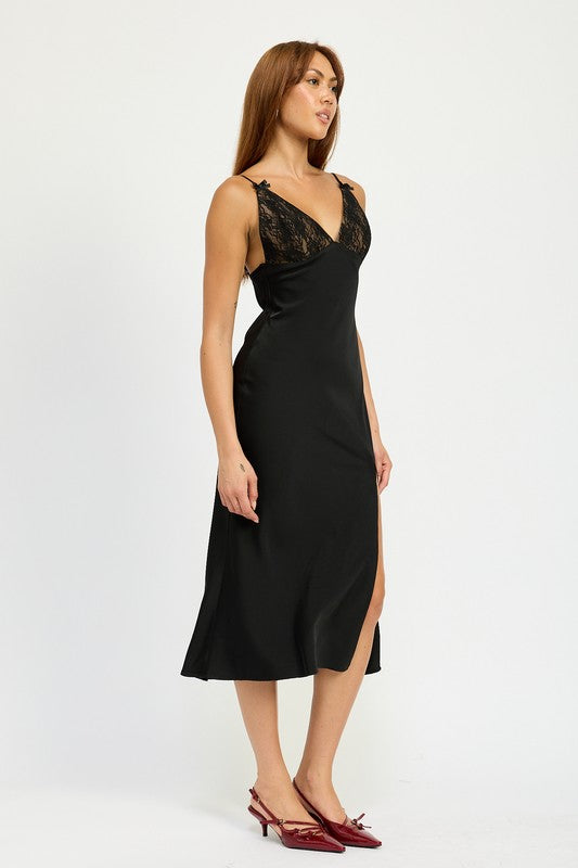 Black Side Slit Satin Lace Cami Midi Dress Mid Dresses