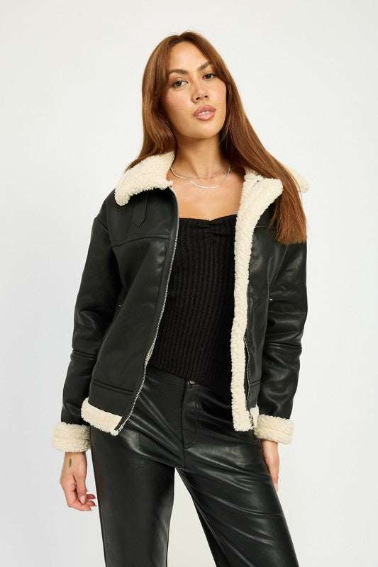 Shearling Vegan Leather Moto Jacket BLACK Tops