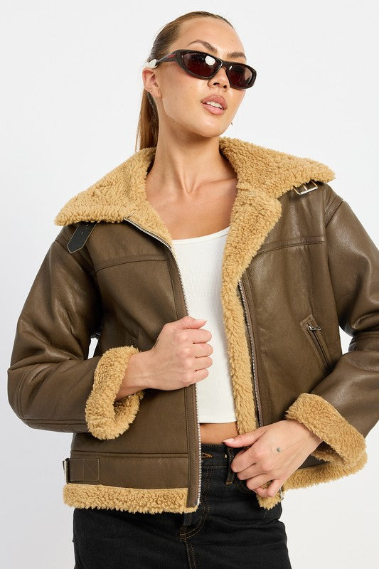 Shearling Vegan Leather Moto Jacket Tops