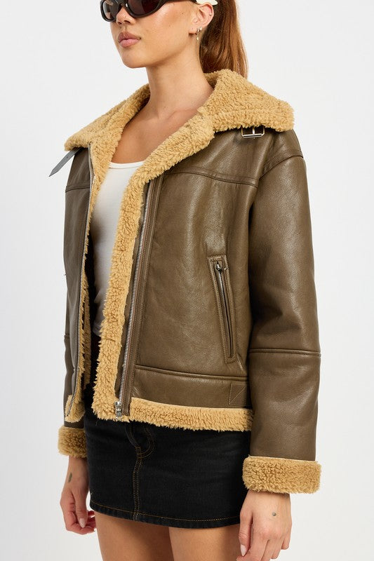 Shearling Vegan Leather Moto Jacket Tops