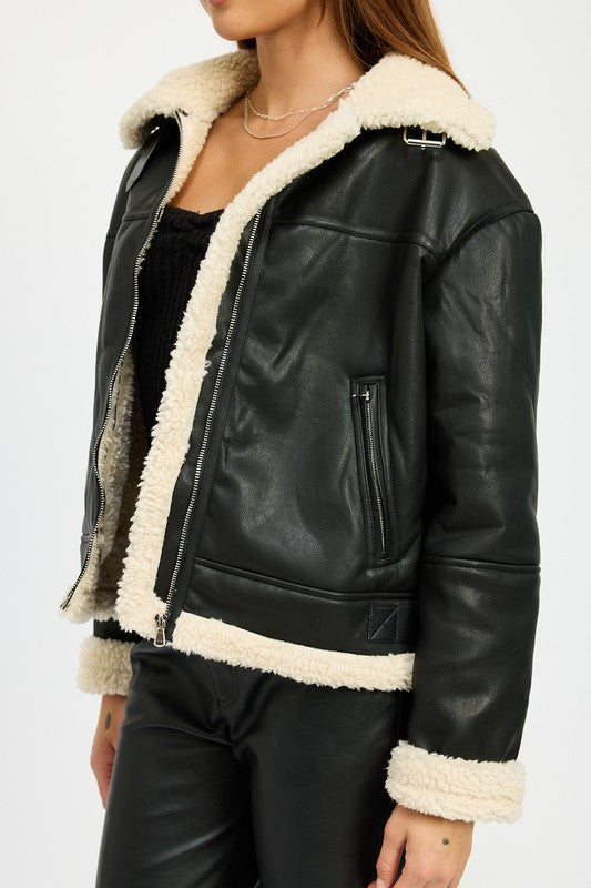 Shearling Vegan Leather Moto Jacket Tops