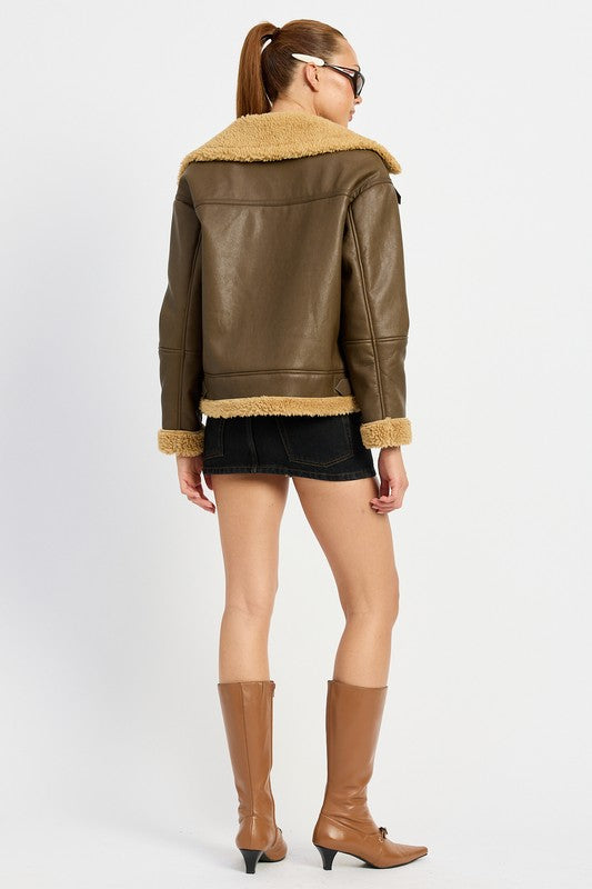 Shearling Vegan Leather Moto Jacket Tops