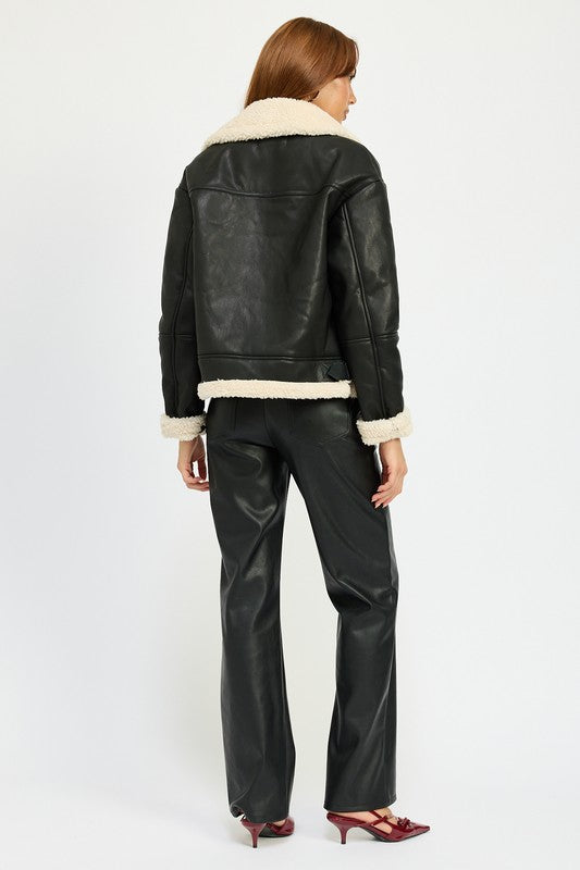 Shearling Vegan Leather Moto Jacket Tops