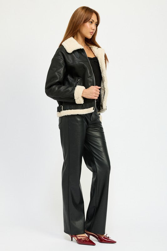 Shearling Vegan Leather Moto Jacket Tops