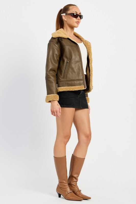 Shearling Vegan Leather Moto Jacket Tops