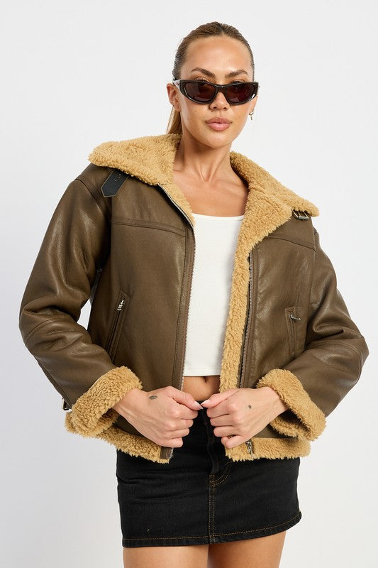 Shearling Vegan Leather Moto Jacket DK BROWN Tops