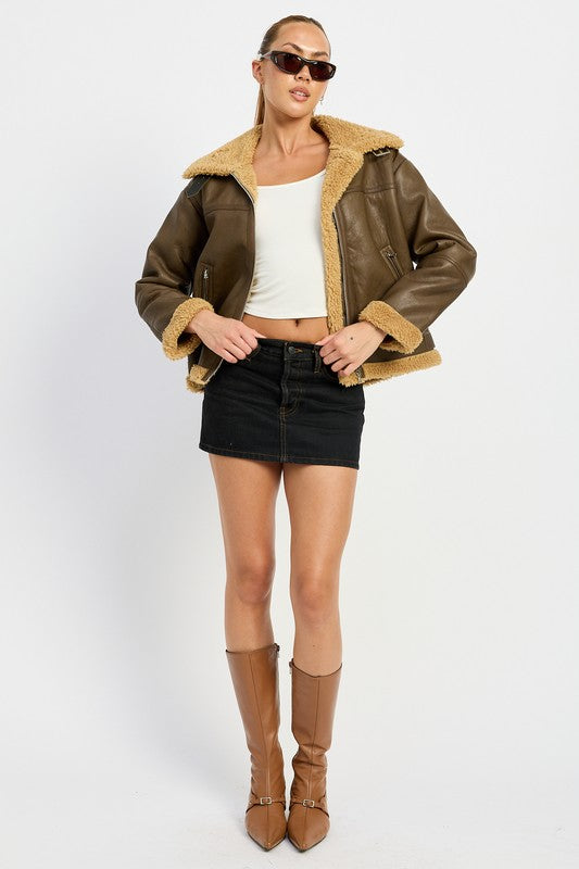 Shearling Vegan Leather Moto Jacket Tops