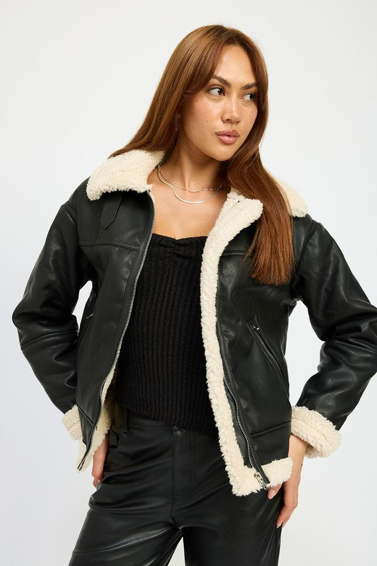 Shearling Vegan Leather Moto Jacket Tops