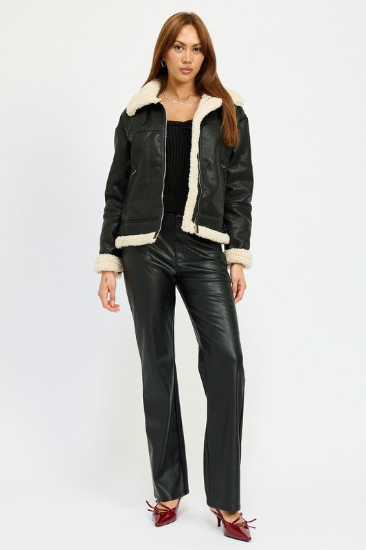 Shearling Vegan Leather Moto Jacket Tops