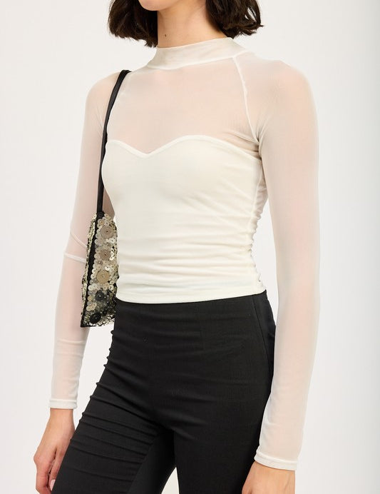 CONTRASTED SHEER RUCHED TOP | Tops Daverri Fashions