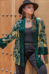 Plus size emerald green velvet kimono cardigan with gold paisley and bell sleeves