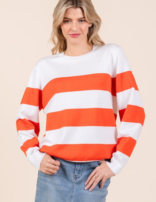 Striped Lightweight Long Sleeve Knit Sweater Ivory Rust Tops