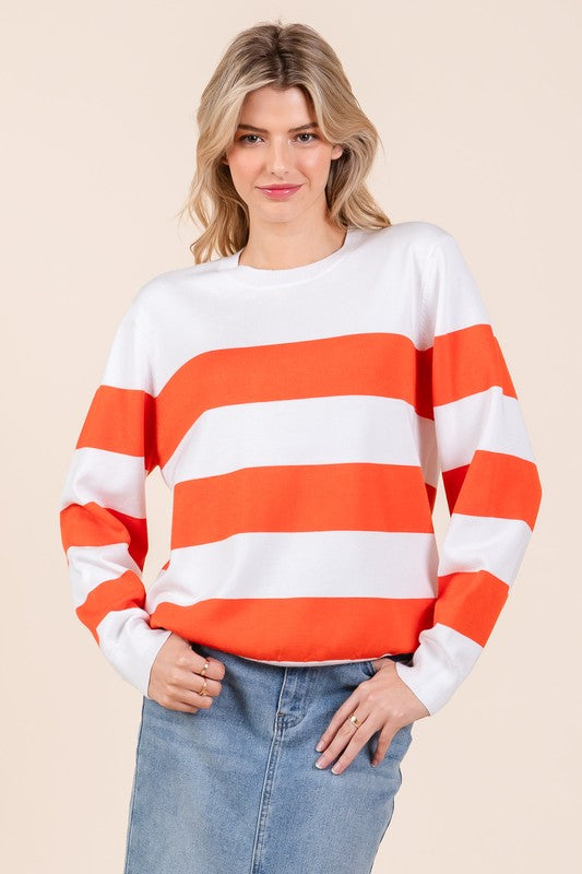 Striped Lightweight Long Sleeve Knit Sweater Ivory Rust Tops