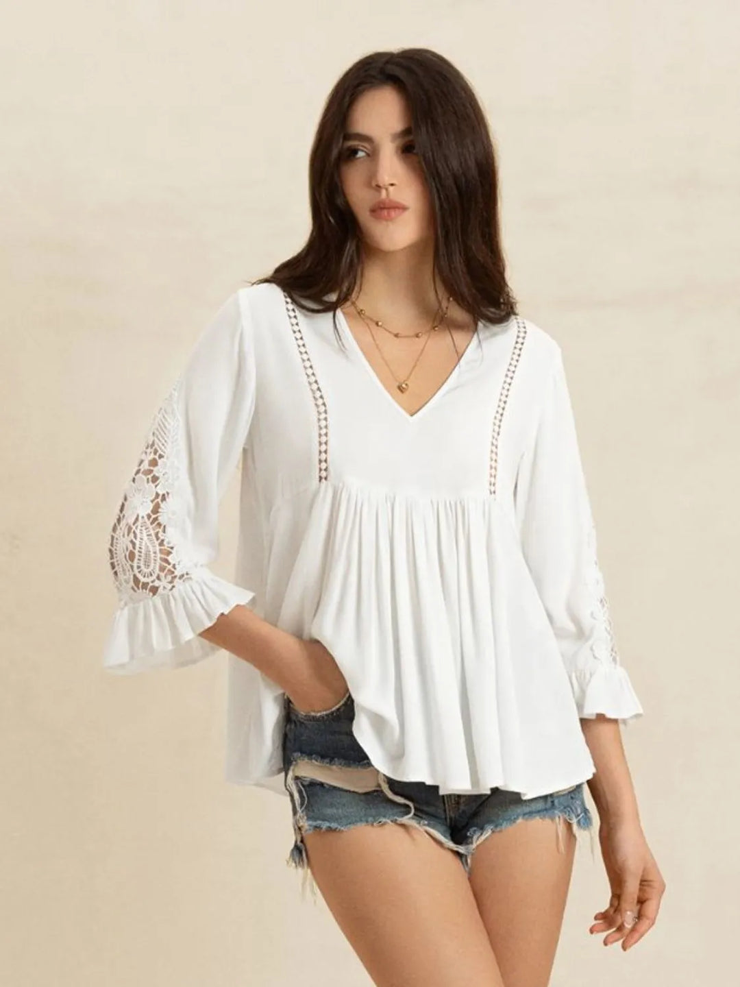 V-Neck Lace Flounce Sleeve Top | Blouses Daverri Fashions