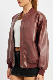 Vintage Vegan Leather Bomber Jacket Tops