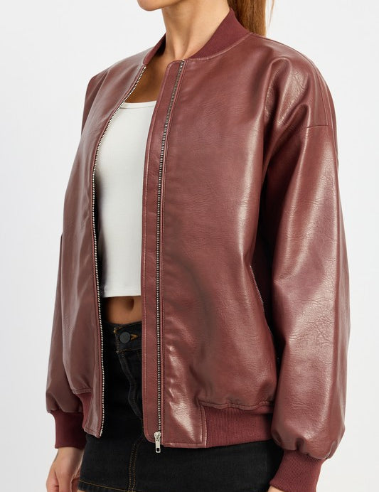 Vintage Vegan Leather Bomber Jacket Tops