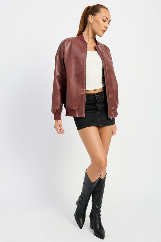 Vintage Vegan Leather Bomber Jacket Tops