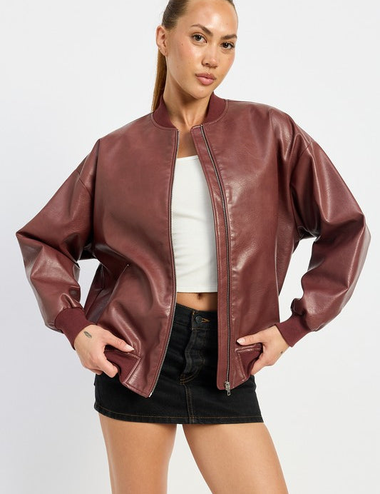 Vintage Vegan Leather Bomber Jacket BURGUNDY Tops