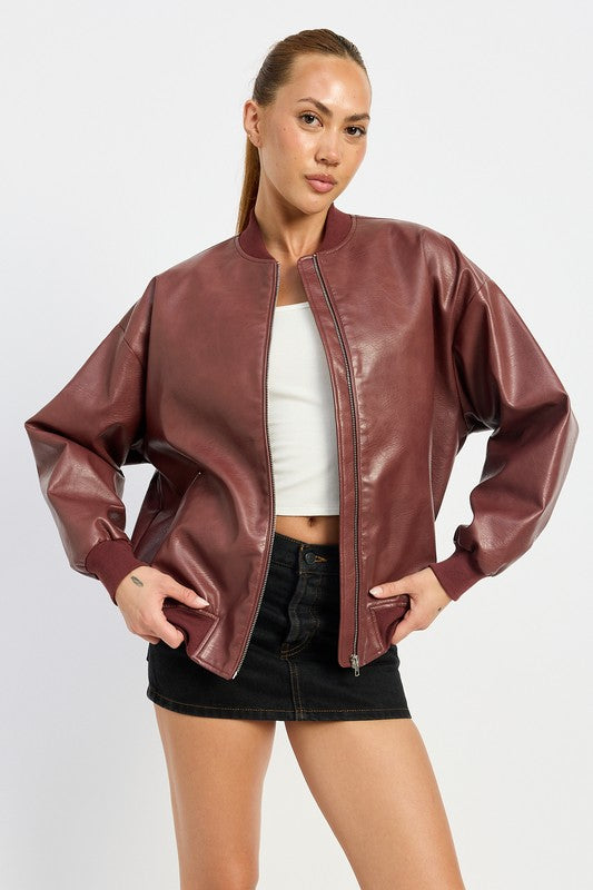 Vintage Vegan Leather Bomber Jacket BURGUNDY Tops