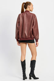 Vintage Vegan Leather Bomber Jacket Tops