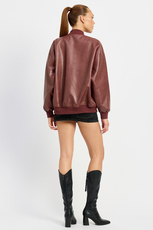 Vintage Vegan Leather Bomber Jacket Tops