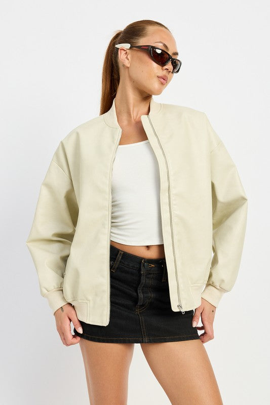 Vintage Vegan Leather Bomber Jacket IVORY Tops