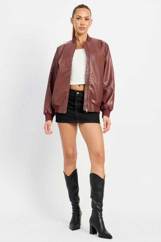 Vintage Vegan Leather Bomber Jacket Tops