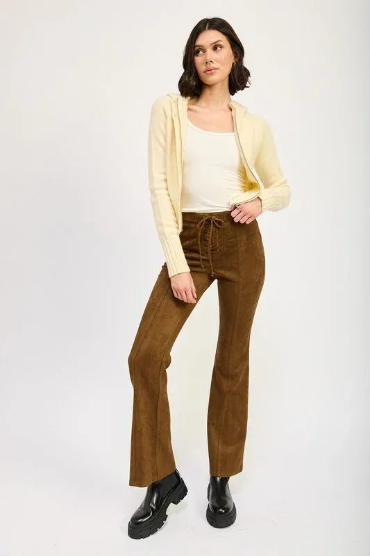 LACE UP SUEDE FLARED PANTS - DAVERRI FASHIONS